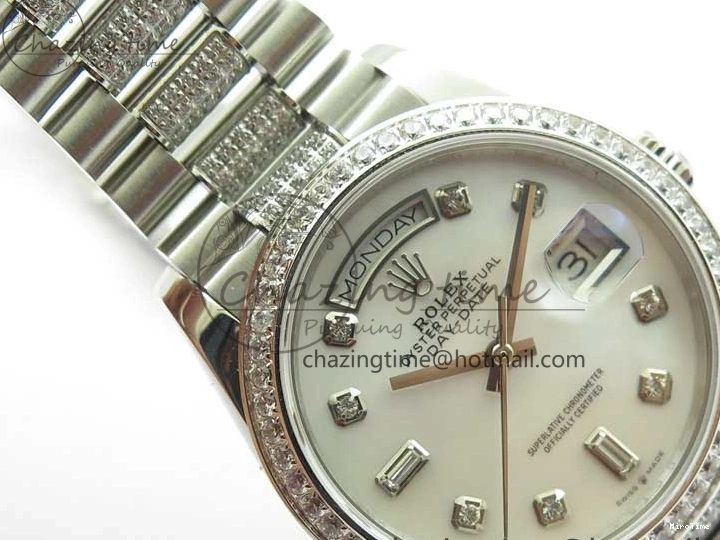MiroTime 0128 Day-Date 36mm 128239 SS Crystal BP Best Edition White MOP Crystal Marker Dial on SS President Bracelet A MoistureWicking 2682